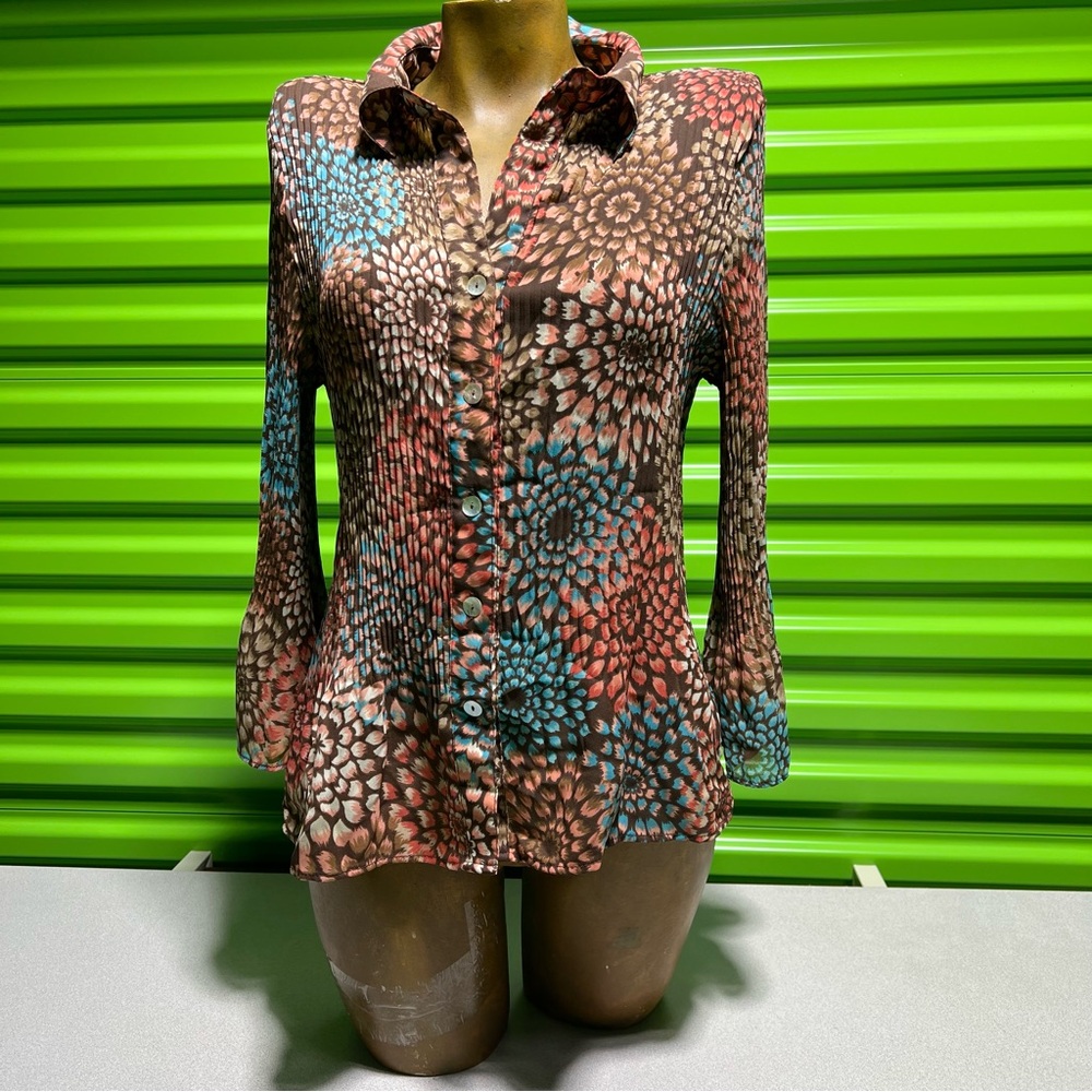 Serenade New York Floral Sunburst Pleated Button Front Blouse Brown Teal Medium
